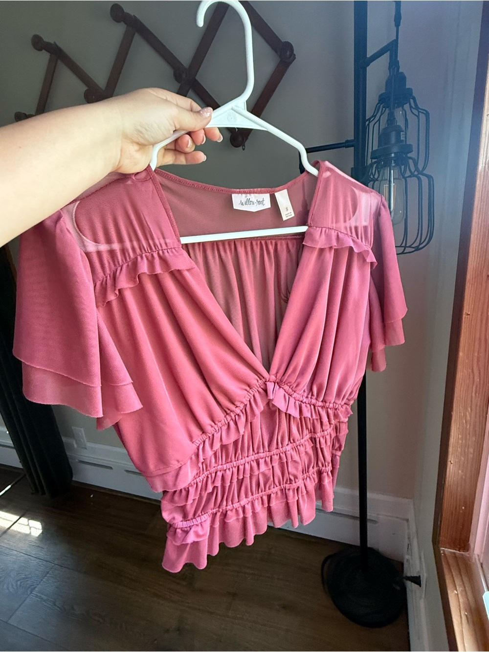 Willow Rose Pink Ruched V-Neck Ruffle Sleeve Blouse
